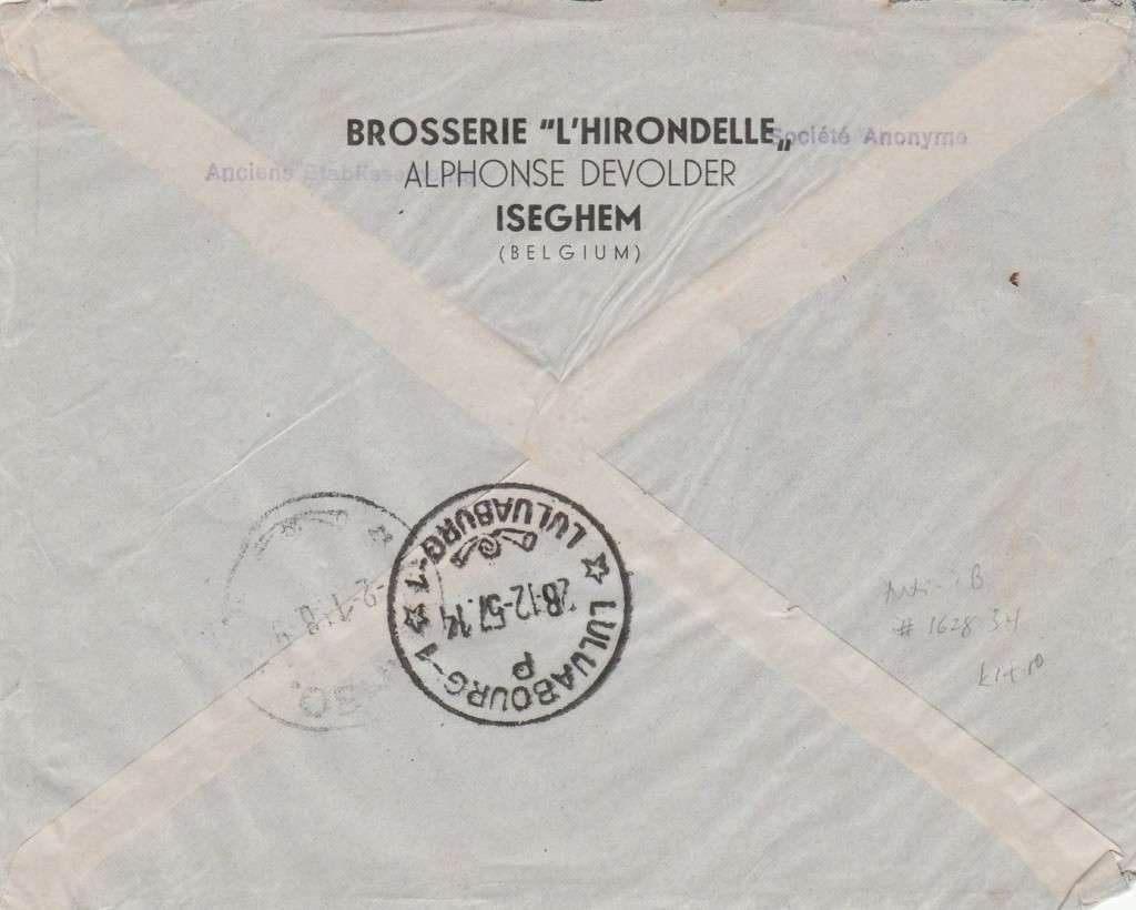 Belgium 1957Anti TB + charities,set,, air, registered, ZEGEM 24.12.57> LUSAMBU , Belgian Congo , LU
