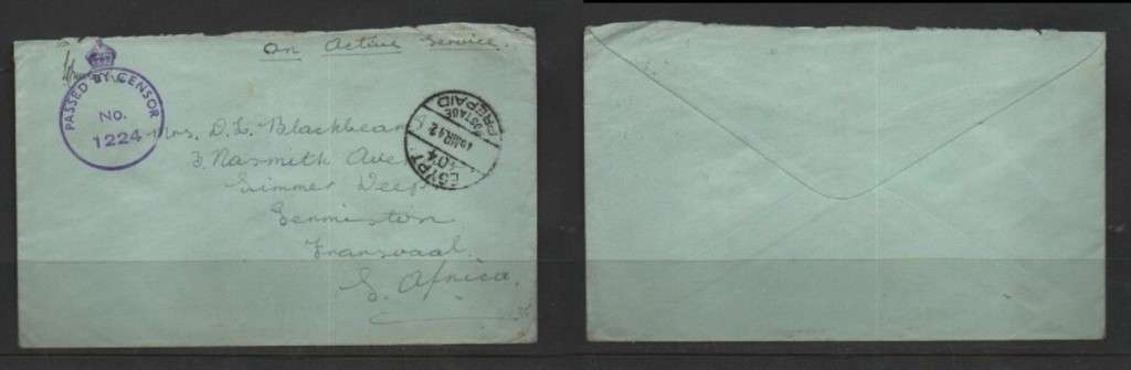 S Africa OAS, EGYPT 104 POSTAGE PREPAID 15 MR 42> S.Africa. Crowned Circle CENSOR1224