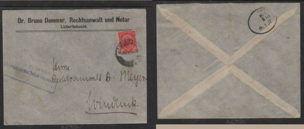 South West Africa 1/ of S.Africa, LUDERITZ 15 JAN 17 > WINDHUK, PASSED BY CENSOR