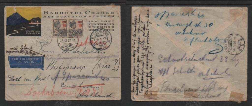 Netherland Indies 20c SOEKABOEMI 27.12.37 > EINDHOVEN (returned 6-1-39) arrived SOEKABOEMI 14.1.38