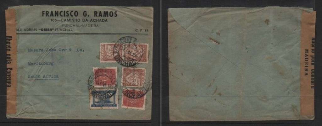 Portugal, cover 1$75, FUNCHAL 13 SE 43 cds >S.Africa, Portugese MadeiraCensor label