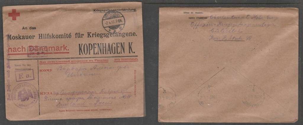 Germany Red Cross MOSCOW RELIEF COMMITTEE PRISONERS OF WAR, from GUTERSLOH -2.4.17 > KOBENHAVEN
