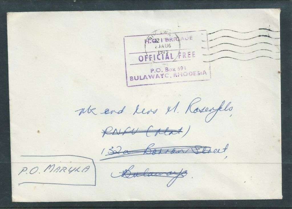 Rhodesia,, H.Q. 1 BRIGADE P.O. BOX 593 BULAWAYO RHODESIA OFFICIAL FREE, CAUSEWAY 23 AUG 75 , c.d.s.