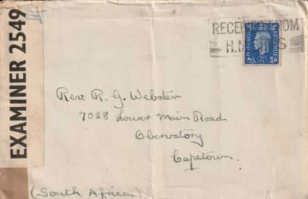 S.Africa, cover with British 2 1/2d, RECEIVED FROM HM SHIPS, OPENED BY EXAMINER 2549 label > CapeTow