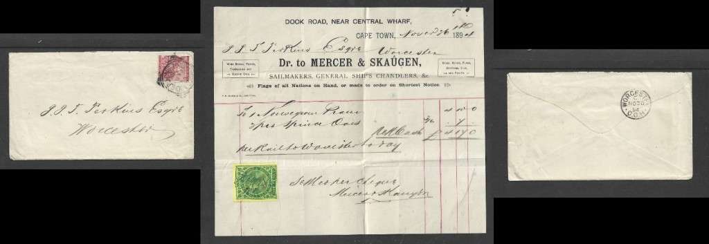Cape of Good Hope MERCER SKAUGEN chandlers receipt 1d revenue, cover 1d G.P.O. CAPE TOWN NO 94 > W
