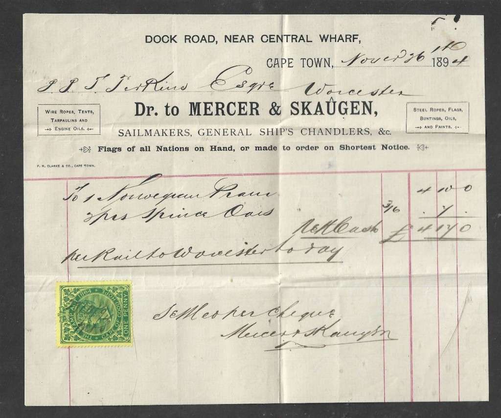 Cape of Good Hope MERCER SKAUGEN chandlers receipt 1d revenue, cover 1d G.P.O. CAPE TOWN NO 94 > W