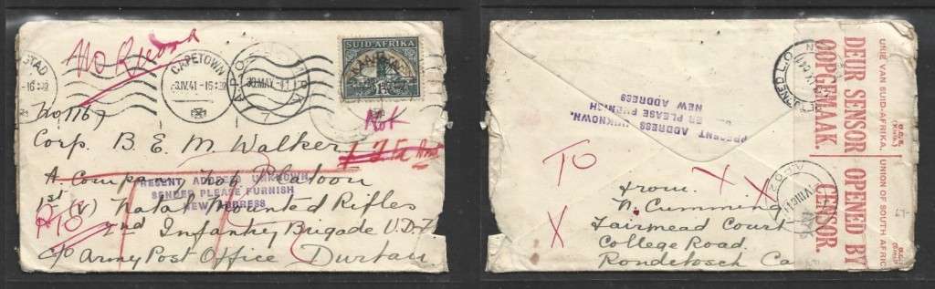 CAPETOWN 3.IV 41, APO MPK 30 MAY 41, E.A. APO 2 (Nairobi)1 VIII 41, RETURNED L.O. CAPETOWN 3 IX 41