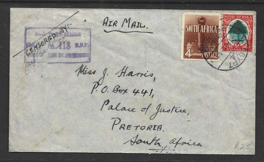 Air Mail, 10d, EGYPT34 POSTAGE PREPAID 1 OC 41 c.d.s., U.D.F. Censor 118 > Pretoria
