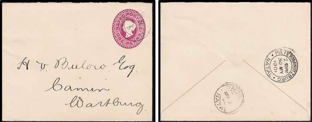 Natal, VRI, 1d stationery envelope, NEW HANOVER RAIL MY 30 1901> WARTBURG NATAL MY3? 7 1901, PIETERM