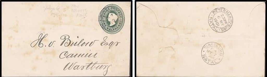 Natal, VRI, 1d stationery envelope, NEW HANOVER RAIL MY 30 1901> WARTBURG NATAL MY3? 7 1901, PIETERM