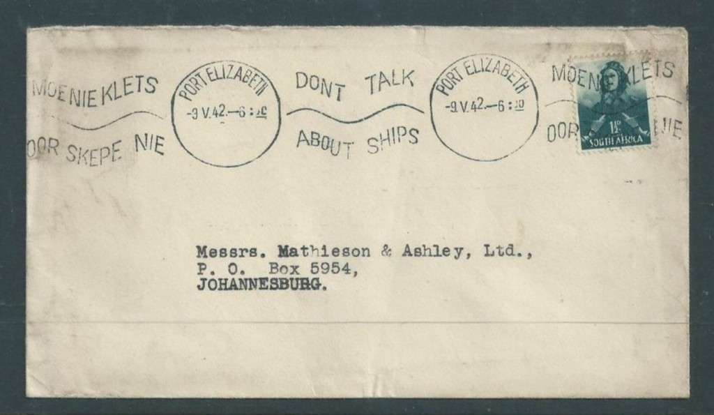 South Africa, domestic cover 11/2d airman ,PORT ELIZABETH 9.V.42 c.d.s.+ DONT` TALK ABOUT SHIPS