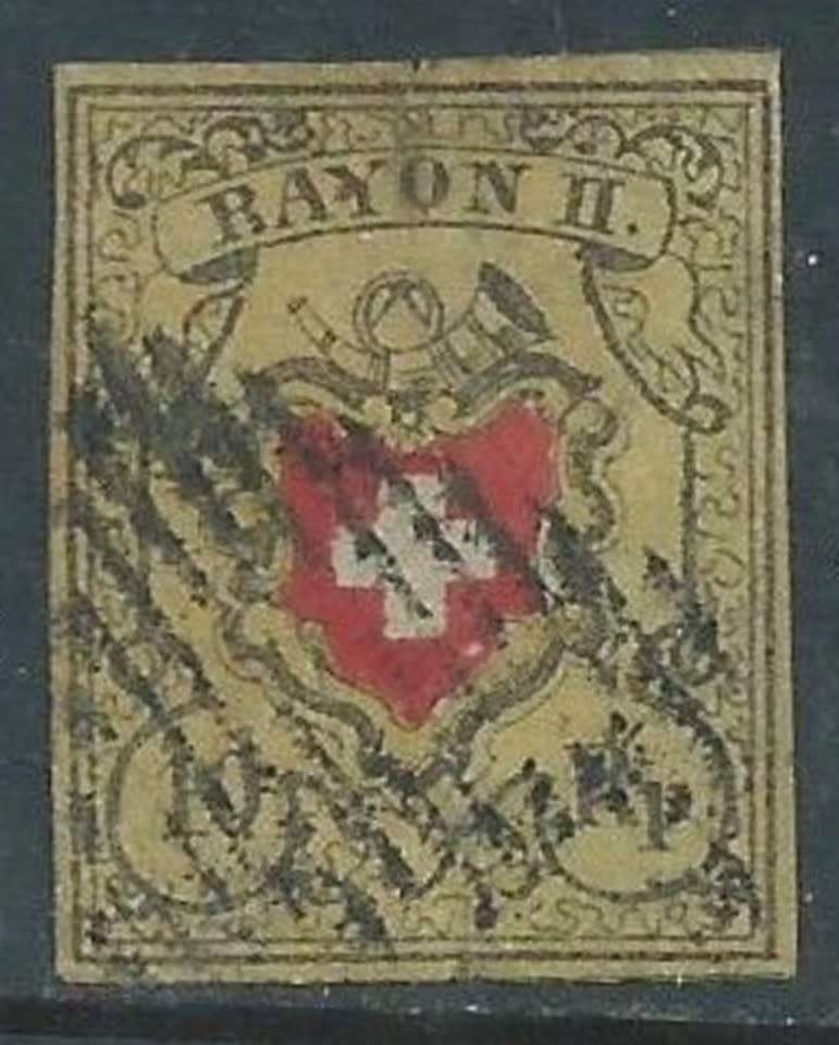 Switzerland, 1851, RAYON II, 10 Rp, black & orange on yellow. Used