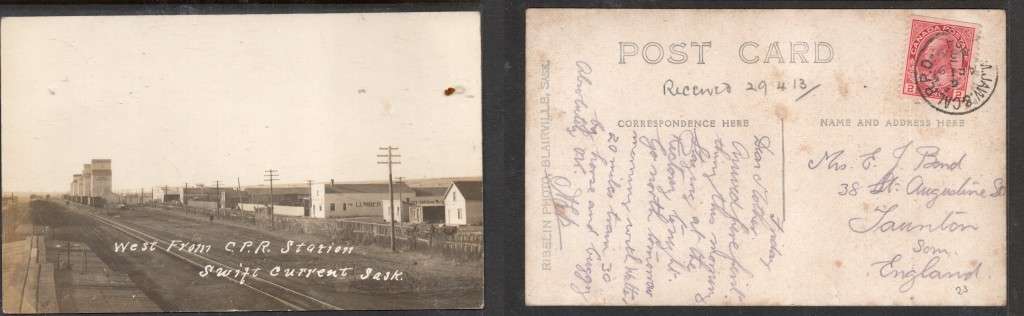 Canada West from C.P.R. Station, Swift Current Sask, used 2d > UK M.JAY & CAL R.P.O.