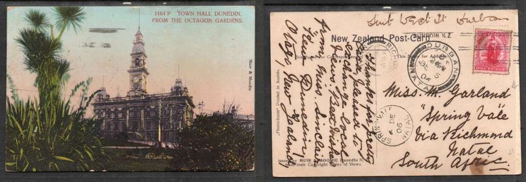 Town Hall Dunedin, used 1d, DUNEDIN NO 5 06> SPRINGVALE NATAL, transits DURBAN, RICHMOND