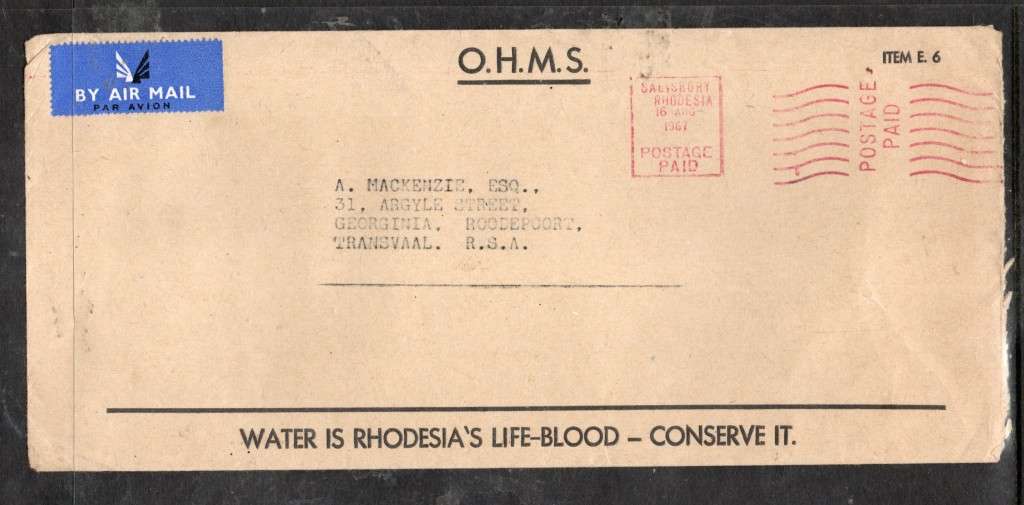 .Rhodesia, EIIR, Official, used  SALISBURY 16 AUG 1967 meter frank, Conserve Water motto