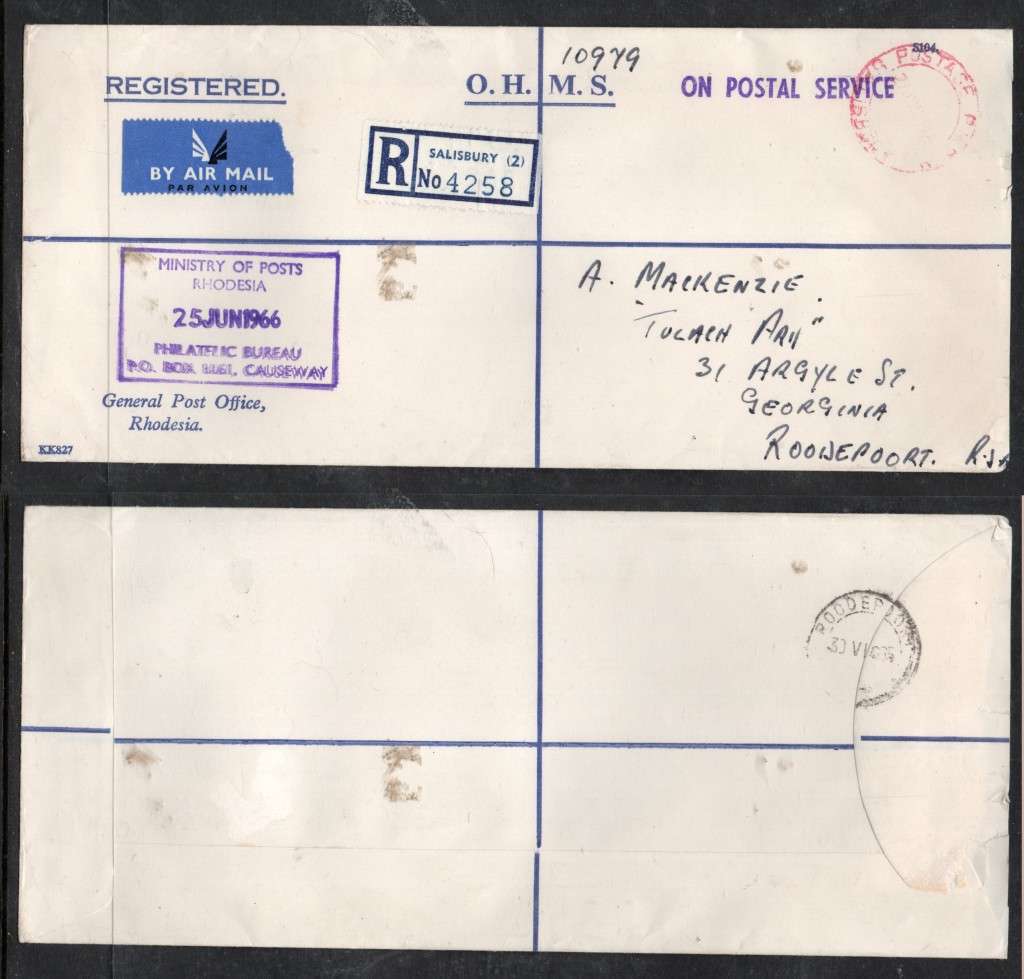 .Rhodesia, EIIR, Official, G.P.O.used  SALISBURY 16 AUG 1965 > ROODEPOORT