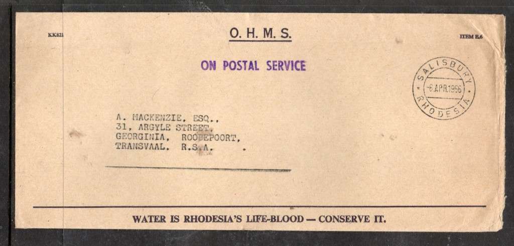 .Rhodesia, EIIR, Official, Postal Service, used  SALISBURY 6 APR 66 c.d.s.> S.Africa, Conserve Water