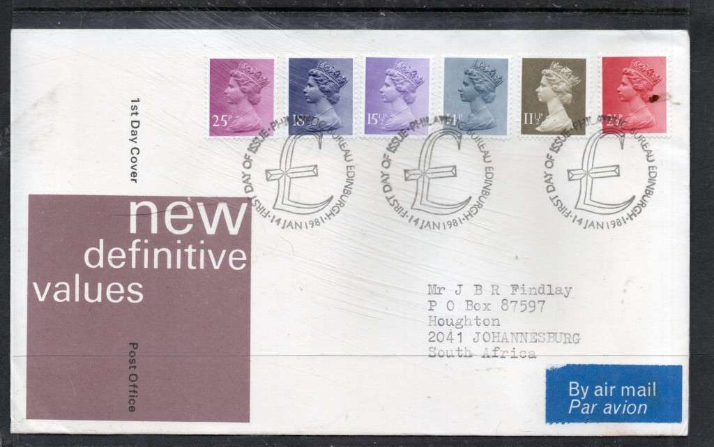 Great Britain EIIR FDC new definitives: 1981, 25p, 18p, 15p, 14 1/2p. 11 1/2p, 2 1/2p > S.Africa