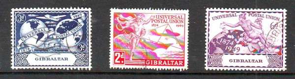 Gibraltar 1949 Universal Postal Union 2d, 3d, 6d, good used