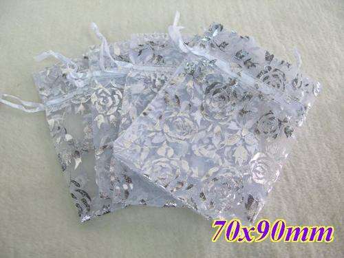 ORGANZA BAGS - White &Silver Rose (10cmx7.5cm)