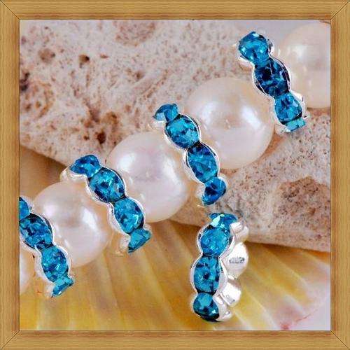 Aqua Blue & Silver Rhinestone Rondelles(7mm)