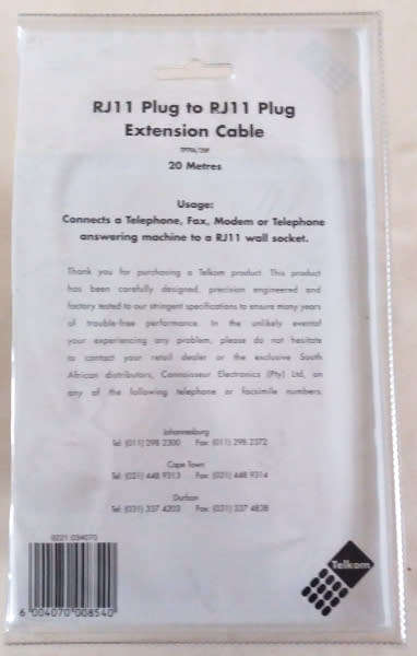 RJ11 Plug to RJ11 Plug Extension Cable - 20 meters