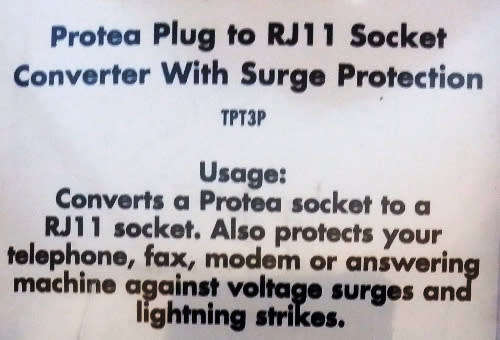 Protea Plug to RJ11 Socket Converter with Surge Protection TPT3P and RJ connection plug