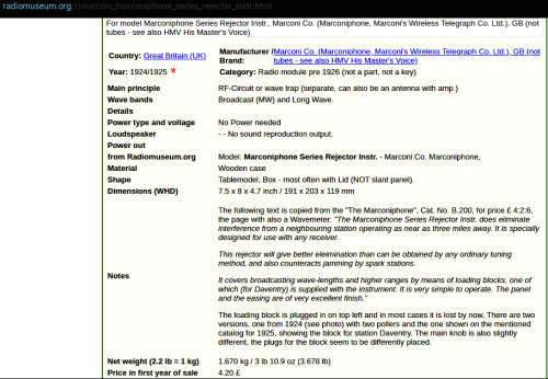 Marconi phone series rejector - INST No S/P 1029 - year 1924/1925