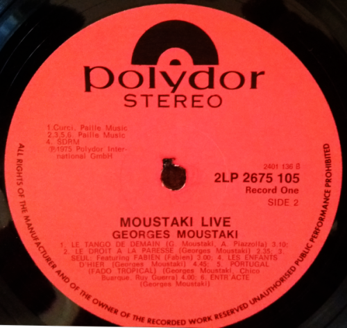 Georges Moustaki 2 vinyl/LP albums French - Georges Moustaki 1969 and Live 1975 gate-fold covers