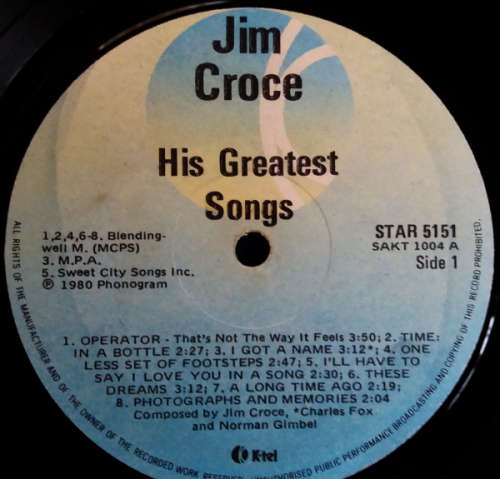 Jim Croce - His greatest songs lp vinyl SA release (vinyl VG+)