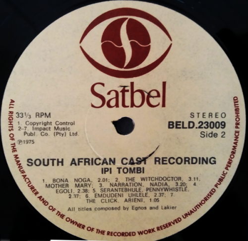 IPI-TOMBI original South African Cast Recording Vinyl LP 1975 ( Vinyl G-)