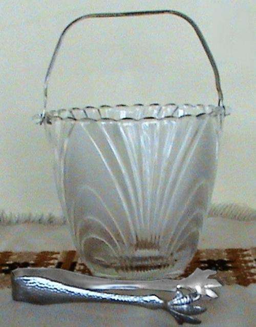 Frosted Glass Ice Bucket with silver claw shaped tongs