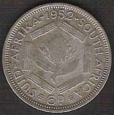 1952 Sixpence (6D), Union of South Africa, Silver