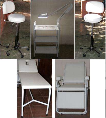 Massage/Examination Bed, Recliner, 2 swivel stools, wheel table with magnifier ring light.