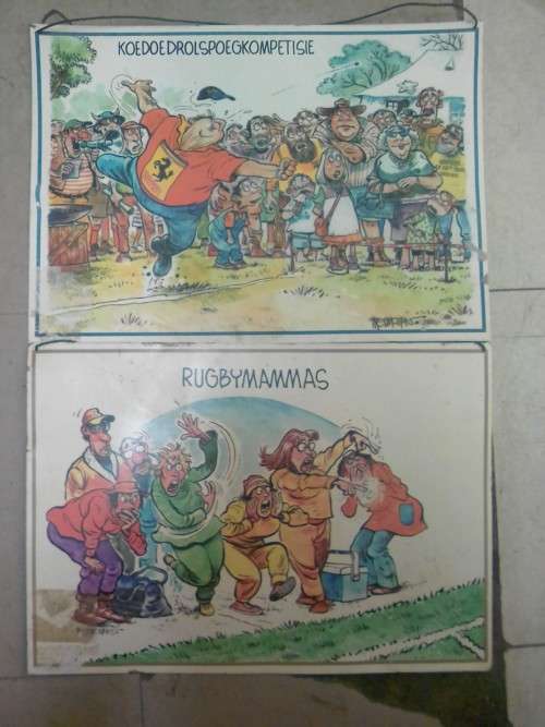 FRED MOUTON - COMIC ILLUSTRATIONS ON METAL PLATE- RUGBY MAMMAS & KOEDOEDROLSPOEGKOMPETISIE