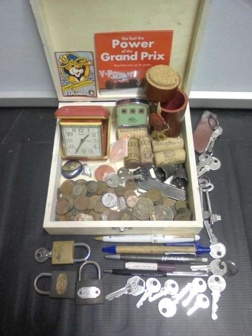 VINTAGE ITEMS - EQUITY POCKET ALARM, OLD COINS, OLD KEYS & PADLOCKS, OLD PENS +++++