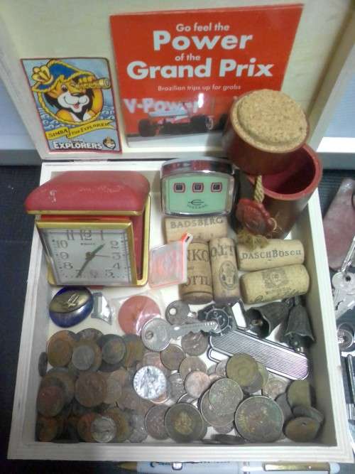 VINTAGE ITEMS - EQUITY POCKET ALARM, OLD COINS, OLD KEYS & PADLOCKS, OLD PENS +++++