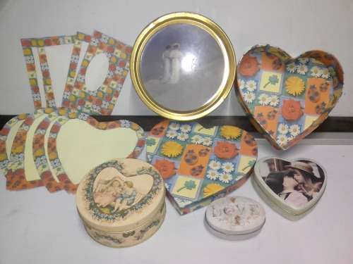 VINTAGE HART SHAPED TINS AND HART SHAPED BOX WITH ENVILOPES & WRITING PAPER