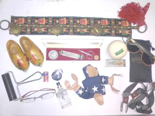 COLLECTABLE ITEMS - sheep bells, wooden Holland shoes, large silver Dias token, and other nice item