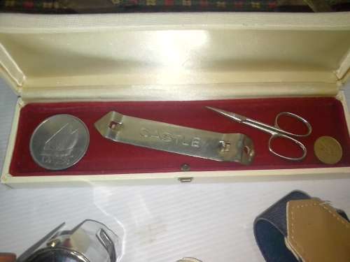 COLLECTABLE ITEMS - sheep bells, wooden Holland shoes, large silver Dias token, and other nice item