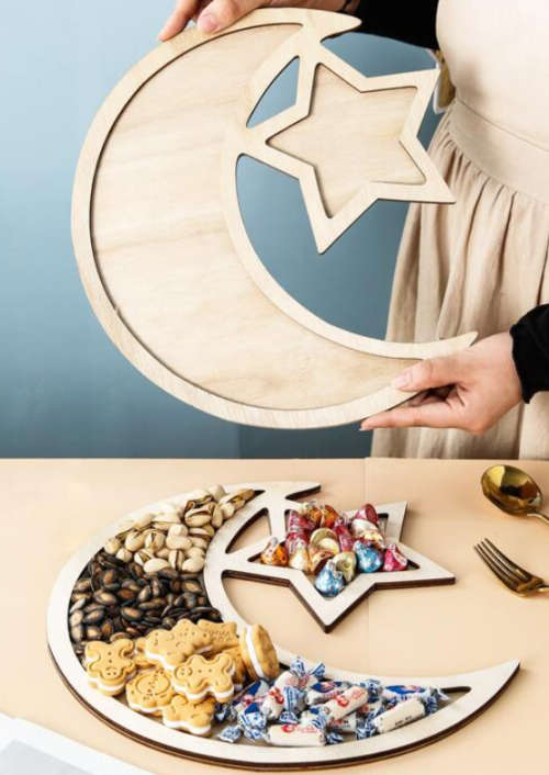 Bamboo Tray, Creative Star & Moon Design Kitchen Serving Tray Eid Ramadan with Utensils