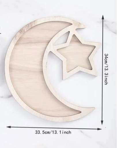 Bamboo Tray, Creative Star & Moon Design Kitchen Serving Tray Eid Ramadan with Utensils