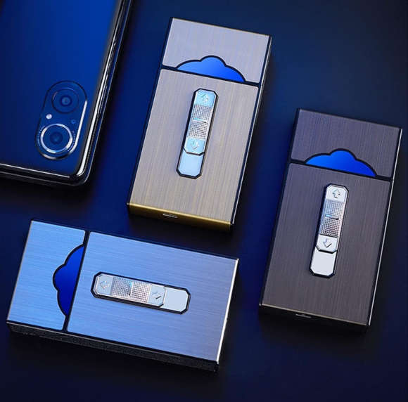 Cigarette Case with USB Double-arc Rechargeable Lighter Special Smoking Accessories - Silver/Black