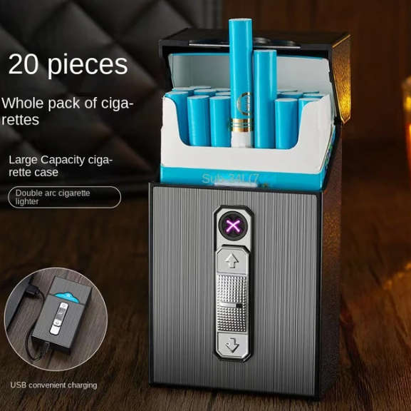 Cigarette Case with USB Double-arc Rechargeable Lighter Special Smoking Accessories - Silver/Black