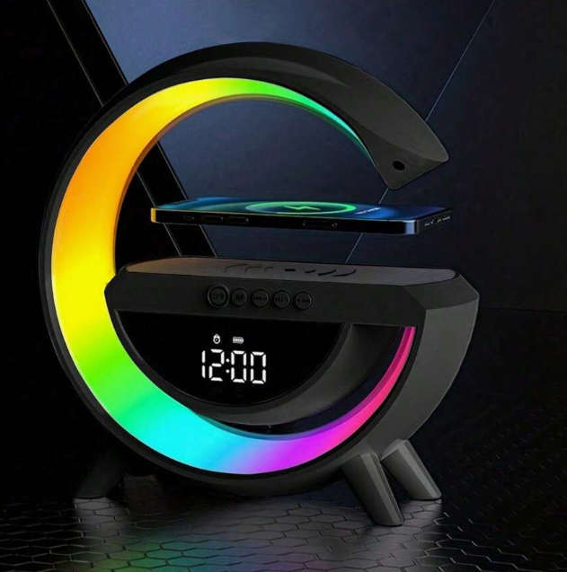G-lamp Wireless BT Speakers With Wireless Fast Charging, Rhythm RGB Light , Alarm - Black