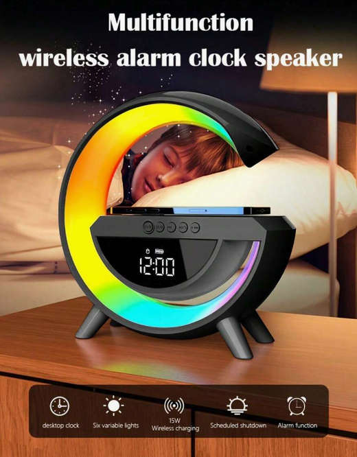 G-lamp Wireless BT Speakers With Wireless Fast Charging, Rhythm RGB Light , Alarm - Black