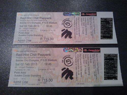 Red Hot Chilli Peppers - 2 Golden Circle Tickets - Soccer City