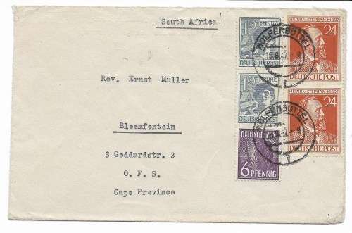Germany [British Zone] to Bloemfontein South Africa letter 1947 post-WWII