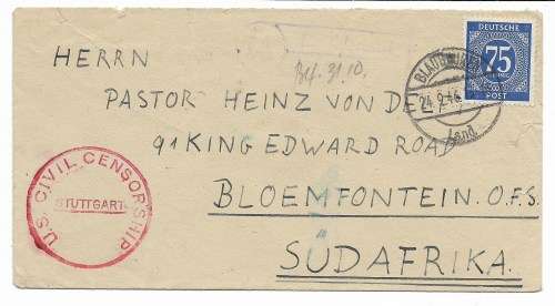 Germany Stuttgart [US Zone] Post WWII] mail to Bloemfontein South Africa - 1946