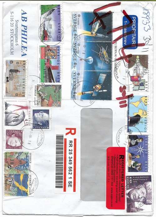 Commercial Cover from Stockholm Sweden - 33 stamps tied to cover - 18th October 2016 frankings